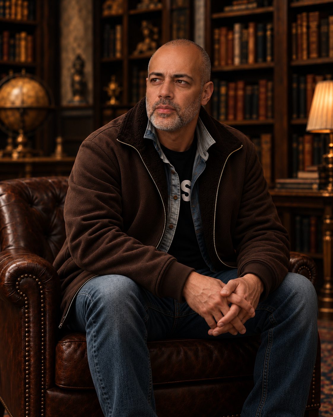 Djinn Choudry seated in a leather armchair in a warmly lit library.